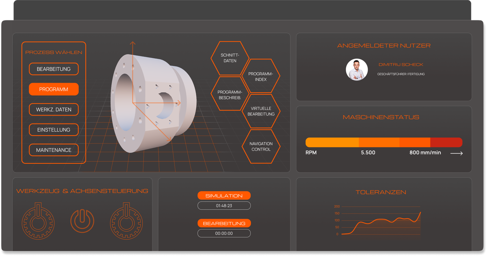 Digitales CNC-Fertigungsdashboard zur CNC-Prozessqualität mit Echtzeitdaten und 3D-Bauteilansicht der Scheck GmbH.